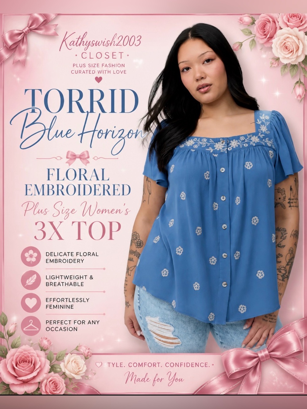 Torrid Blue Horizon Floral Embroidered Plus Size Women's 3X Top